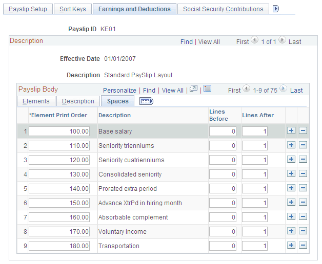 Earnings and Deductions page: Spaces tab