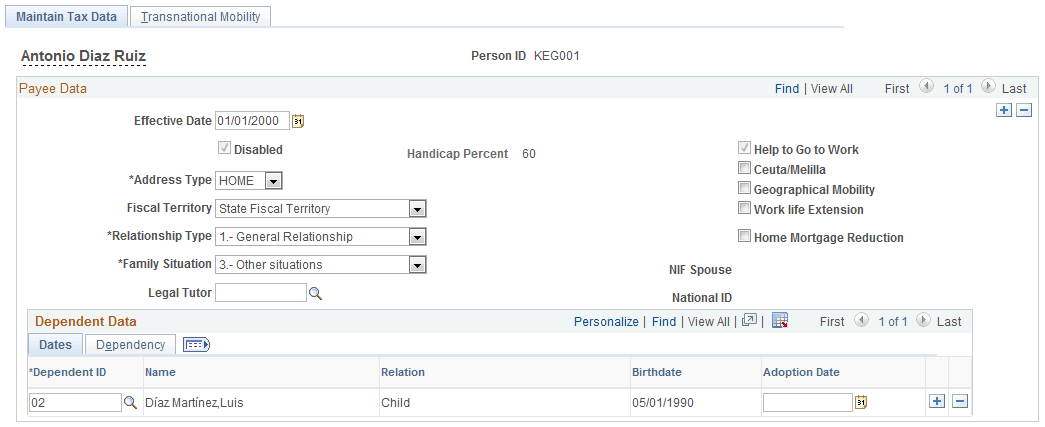 Maintain Tax Data page