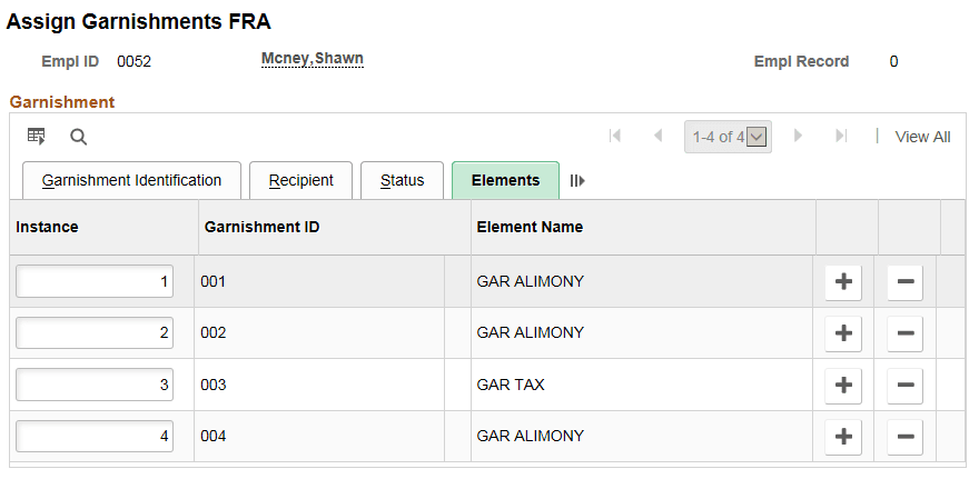 Assign Garnishments FRA page Elements tab