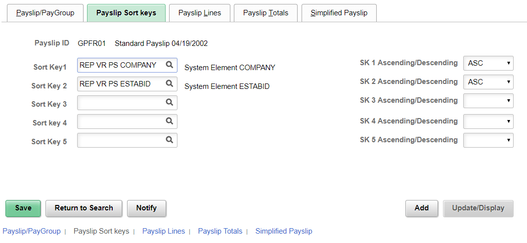Payslip Sort keys page