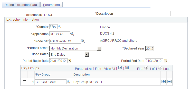 Define Extraction Data page