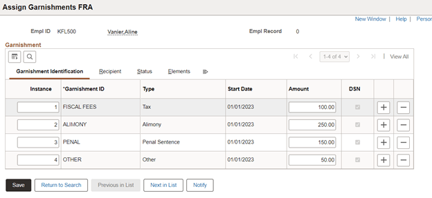 Assign Garnishments FRA page
