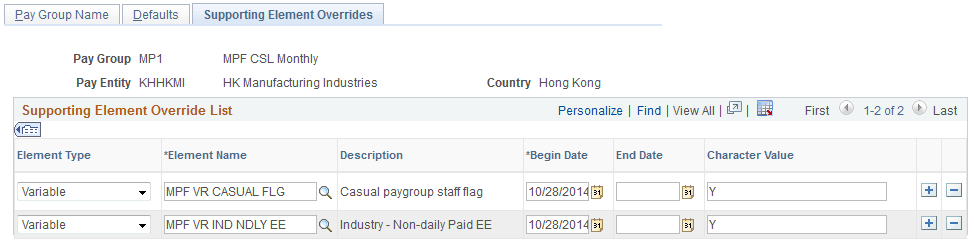Supporting Element Overrides page showing MPF VR CASUAL FLG and MPF VR IND NDLY EE elements