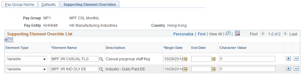 Supporting Element Overrides page showing MPF VR CASUAL FLG and MPF VR IND DLY EE elements