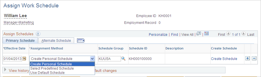 Assign Work Schedule page showing the assigned schedules for an employee