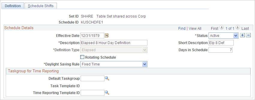 Definition page showing an Elapsed 8 Hour Day Definition schedule