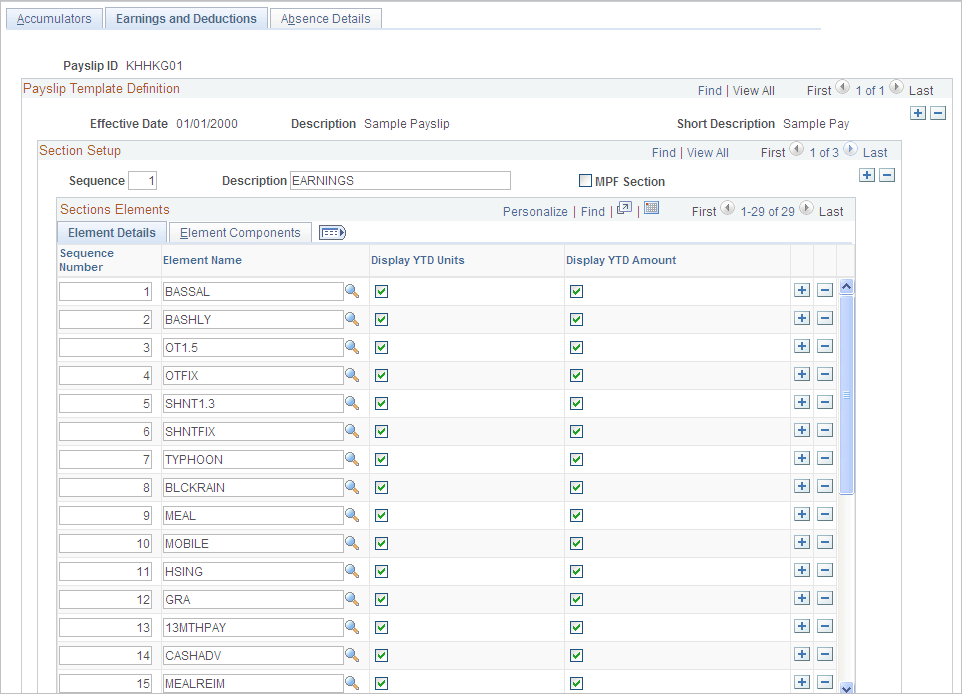 Earnings and Deductions page: Element Details tab