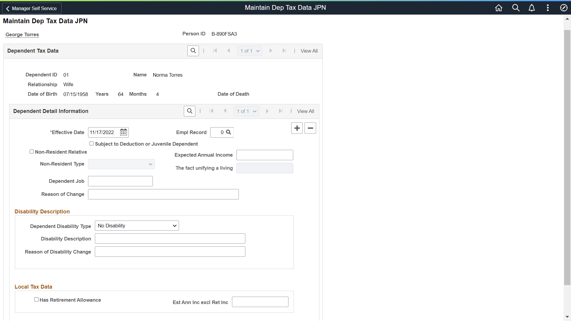Maintain Dep Tax Data JPN page