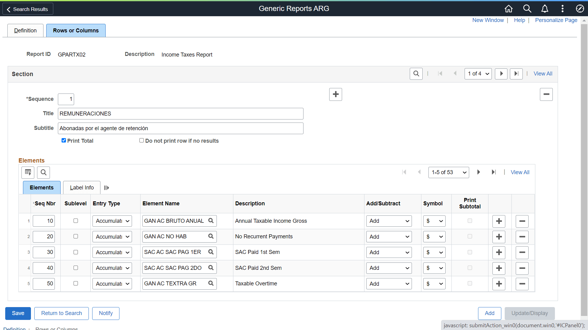 Generic Reports ARG_Rows or Columns page