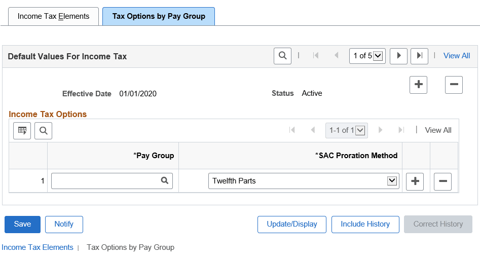 Income Tax Parameters ARG page: Tax Options by Pay Group Tab