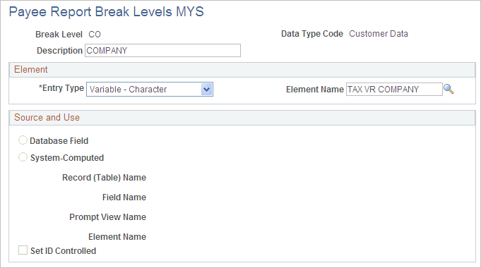 Payee Report Break Levels MYS page