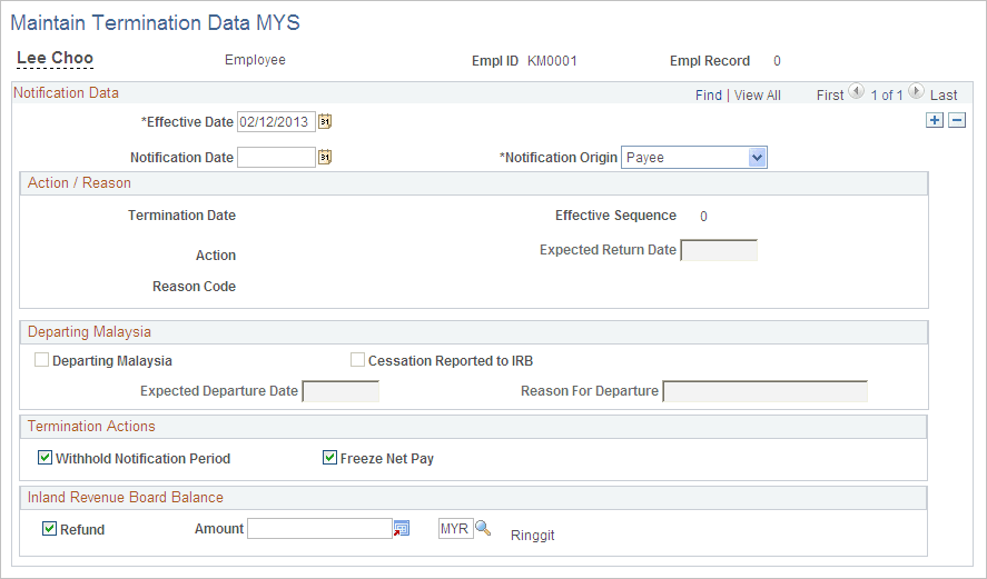 Maintain Termination Data MYS page