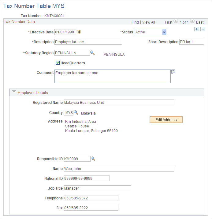 Tax Number Table page