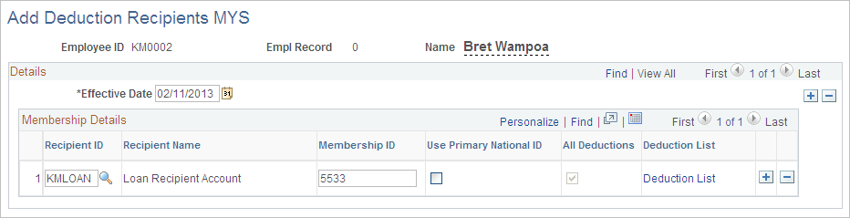 Add Deduction Recipients MYS page