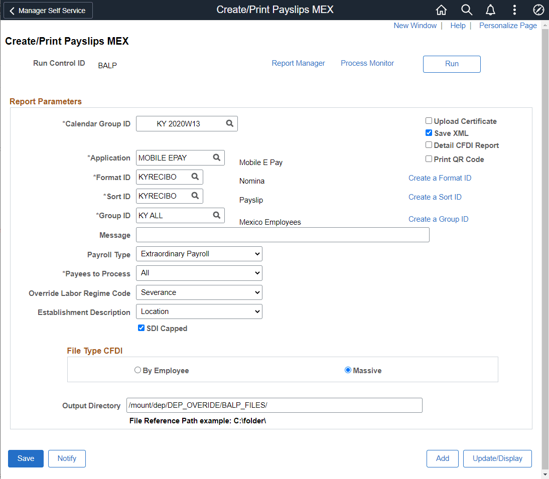 Create/Print Payslips MEX page