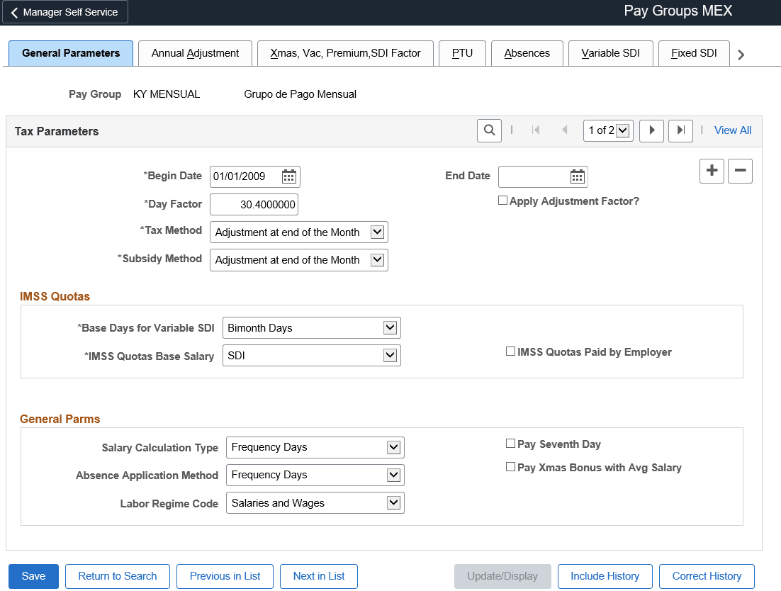 General Parameters page