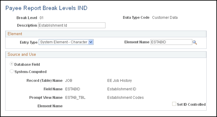Payee Report Break Levels IND page