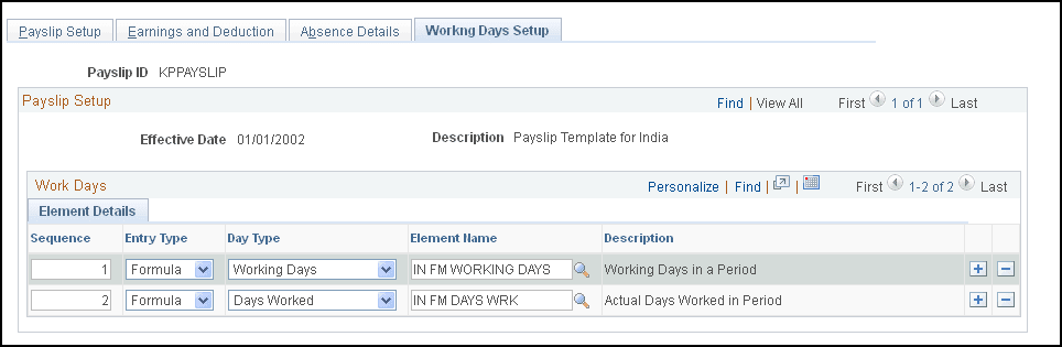 Workng Days Setup page