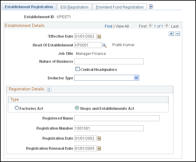 Establishment Registration page