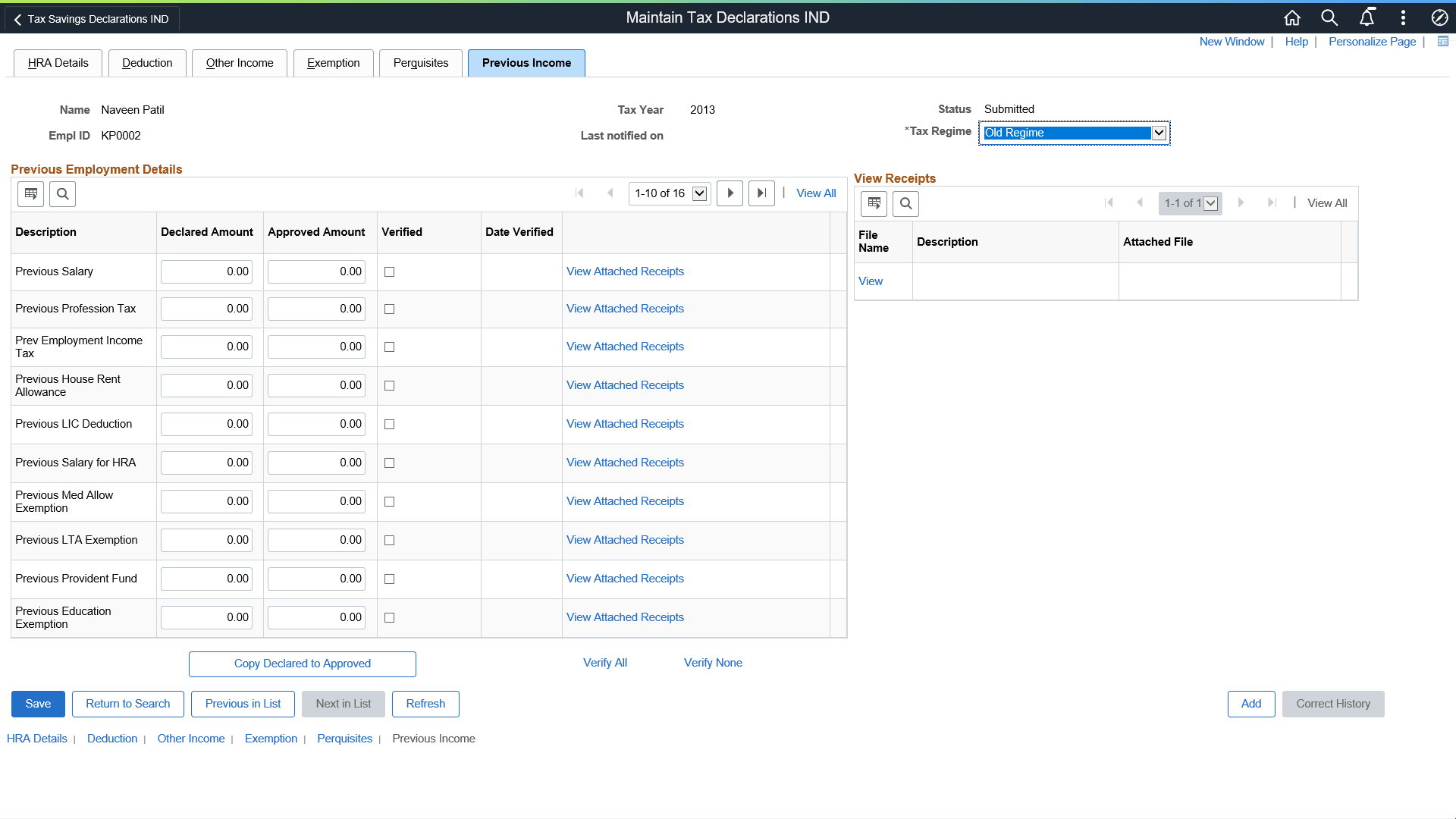 Previous Income page