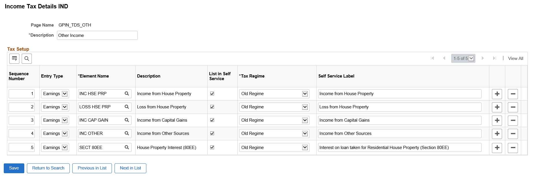 Tax setup other income page