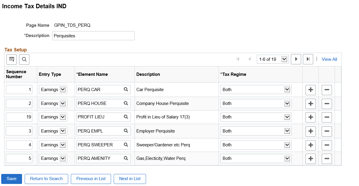 Tax setup Perquisites page
