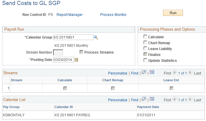 Send Costs to GL SGP page