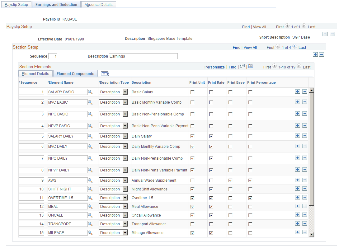 Earnings and Deduction: Element Components tab