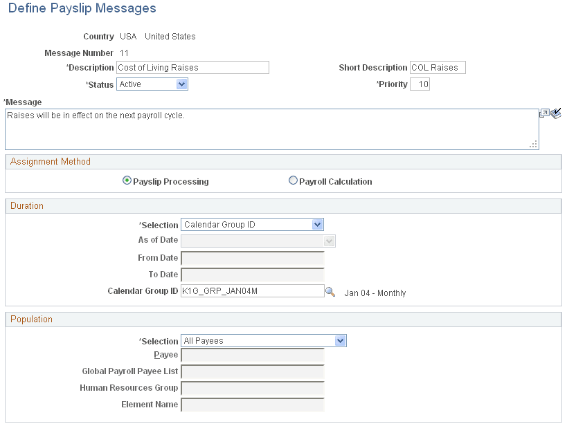 Define Payslip Messages page