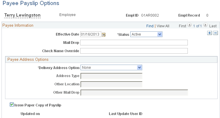 Payee Payslip Options page