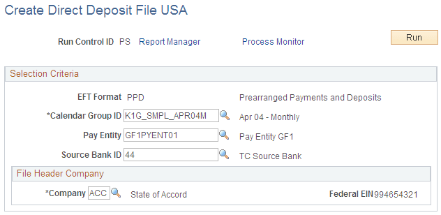 Create Direct Deposit File USA page