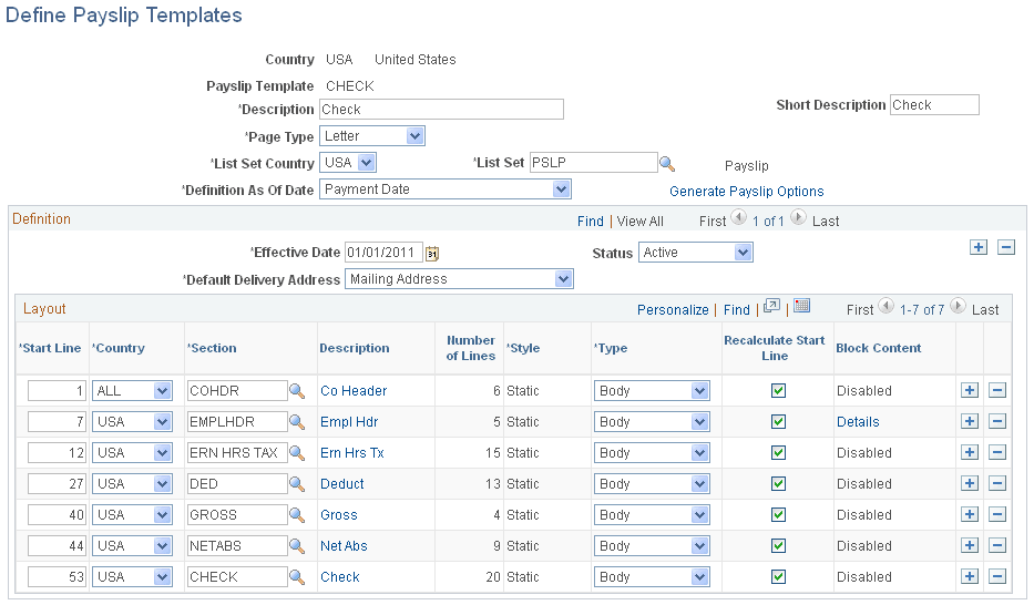 Define Payslip Templates page