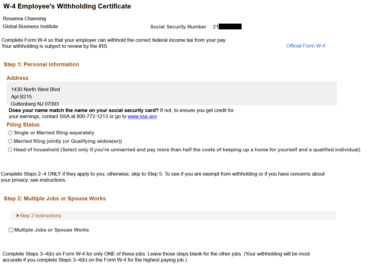 'W-4 Employee's Withholding Certificate page (1 of 2)