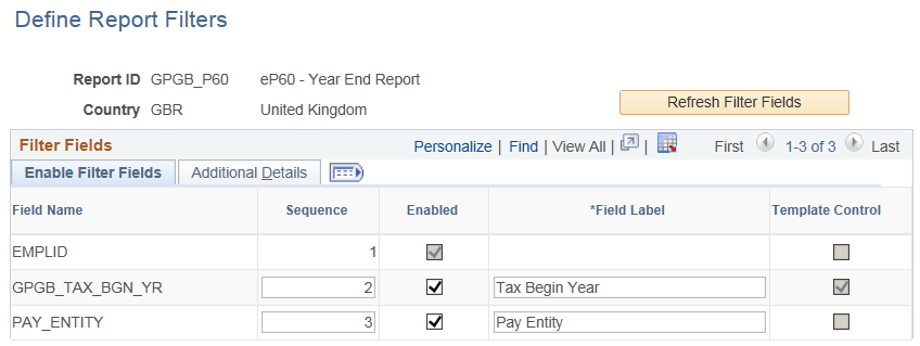 Define Report Filters page