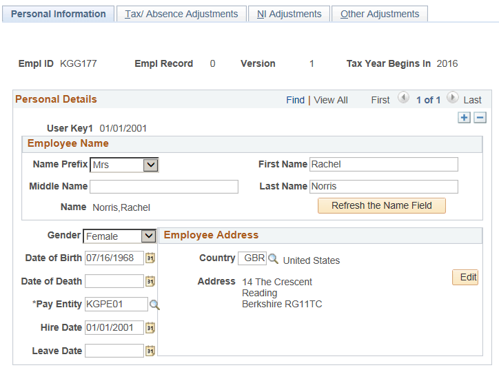 RTI Adjustment Details Personal Information Page