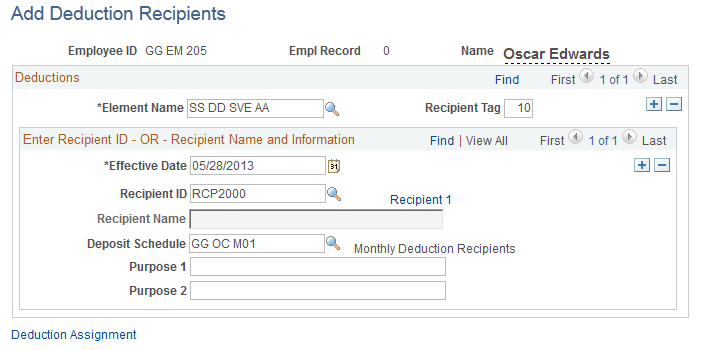 Add Deduction Recipients page (1 of 2)