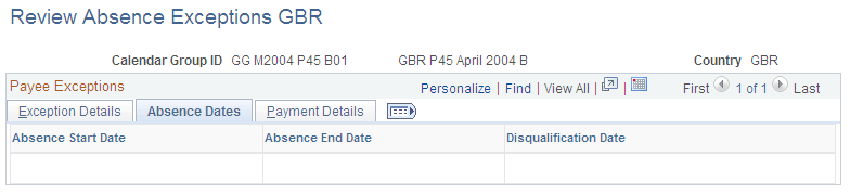 Review Absence Exceptions GBR page: Absence Dates tab