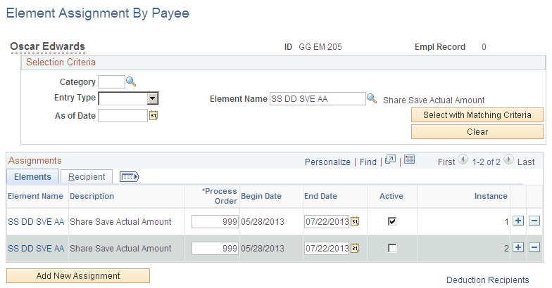Element Assignment by Payee page