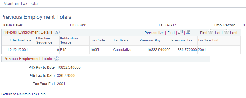 Previous Employment Totals page
