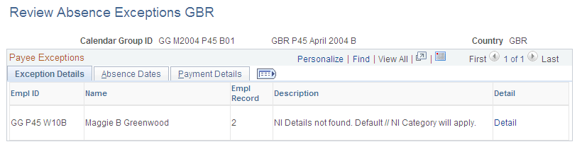 Review Absence Exceptions GBR page: Exceptions Details tab