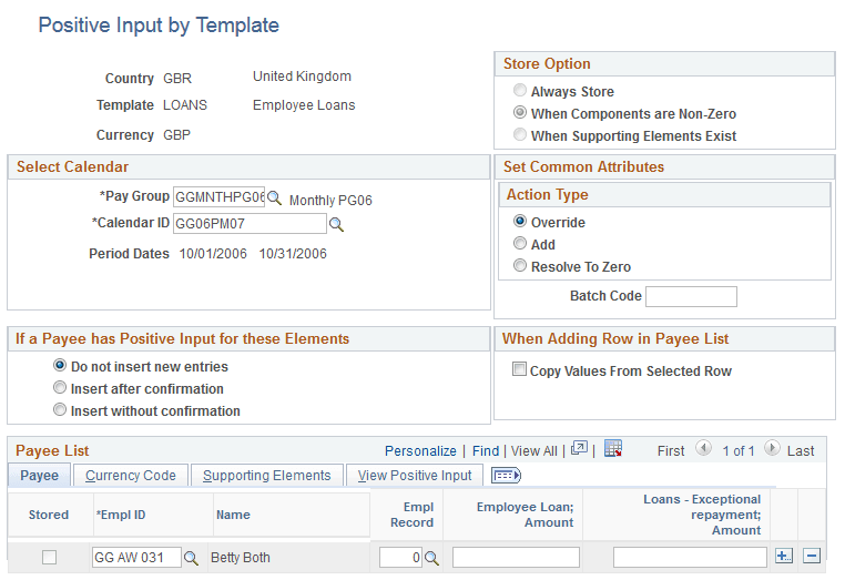Positive Input by Template page