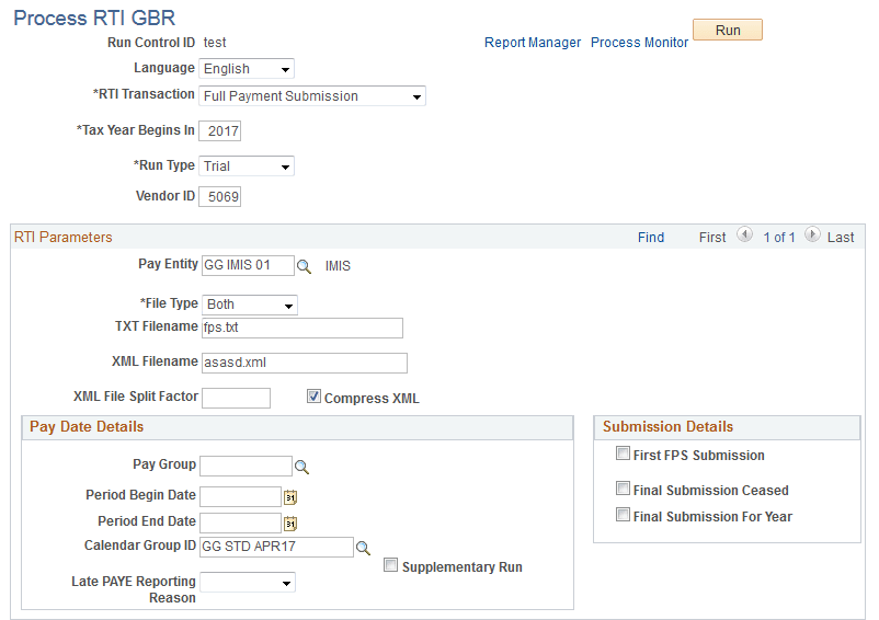 Process RTI GBR page with the Full Payment Submission option selected
