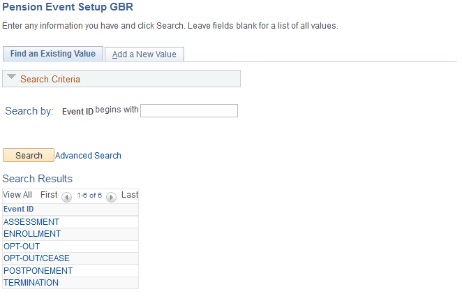 Pension Event Setup GBR search page displaying system default events