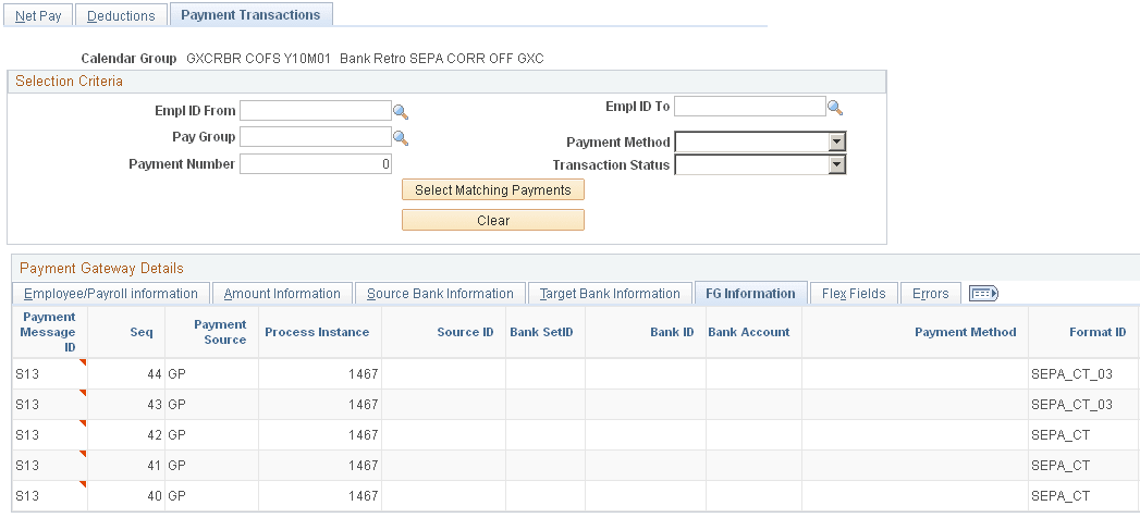 Payment Transactions page: FG Information tab