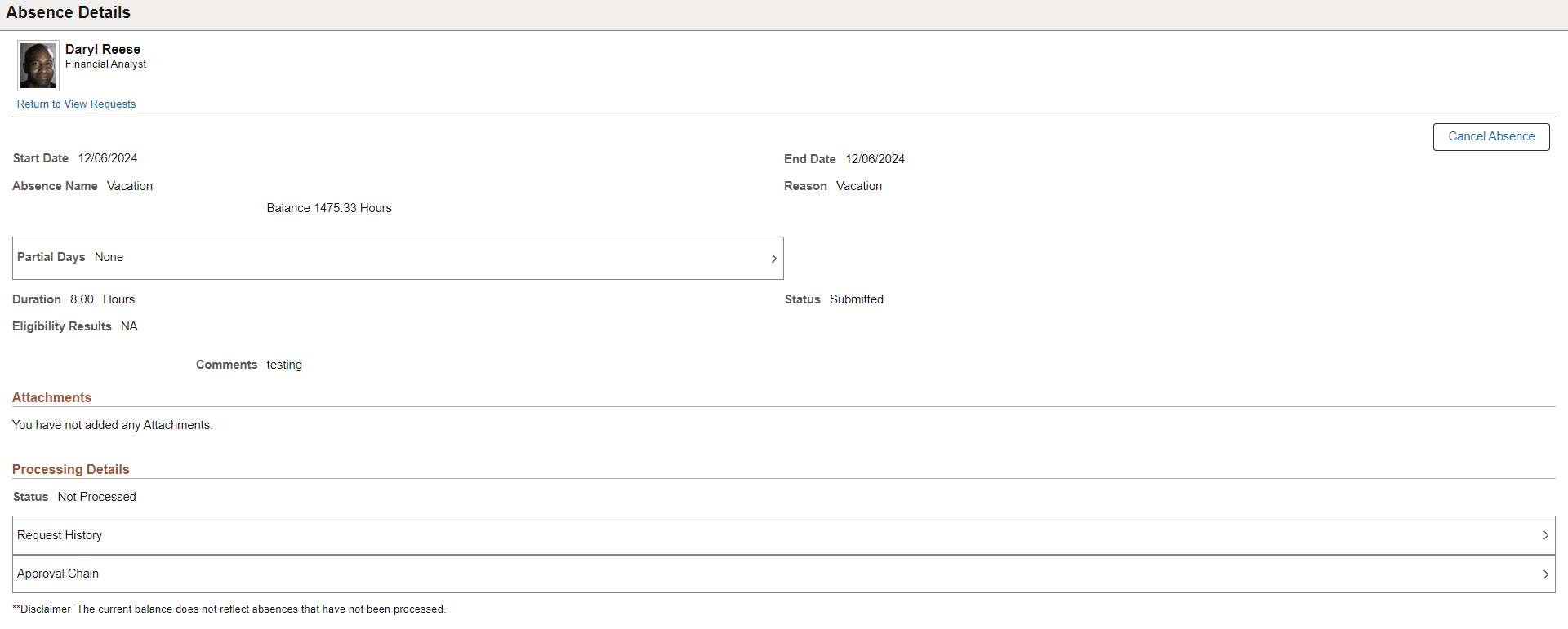 Absence Details page