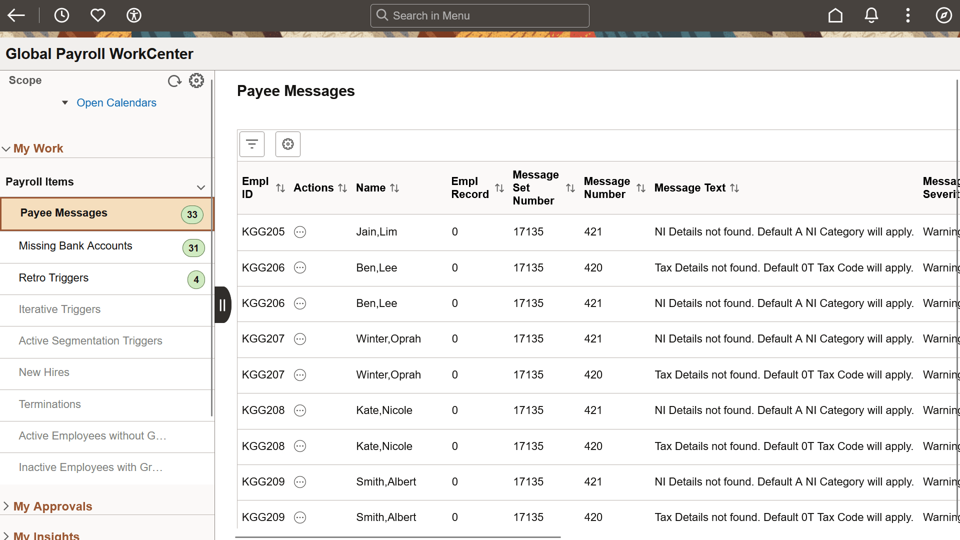 Global Payroll WorkCenter page