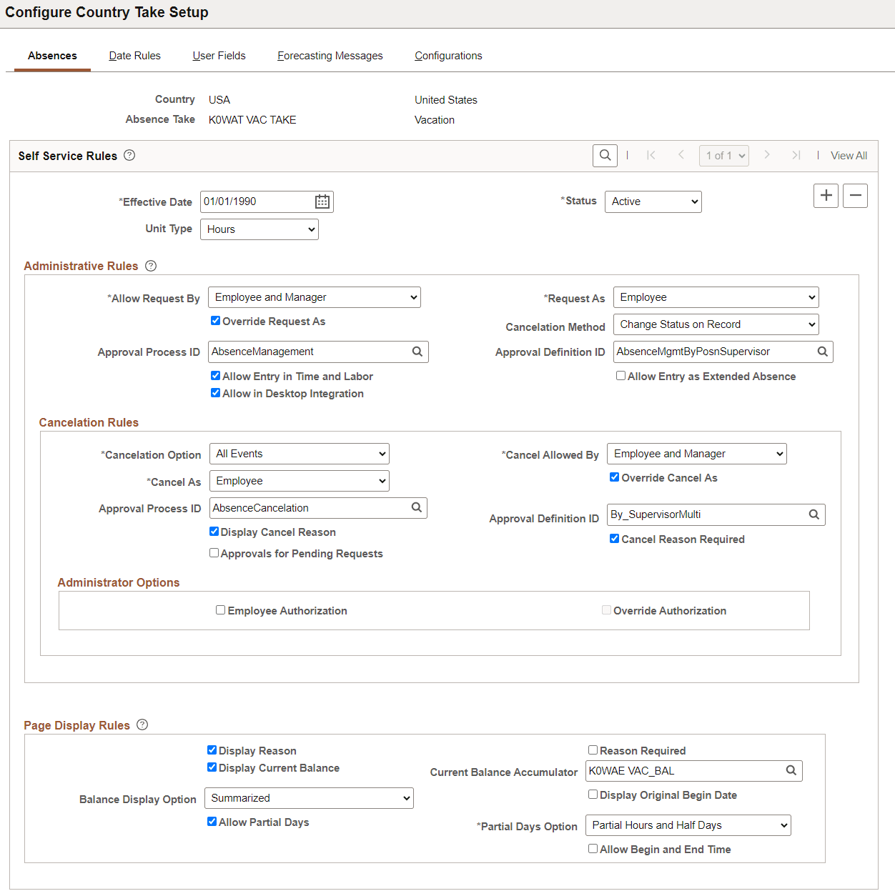 Absences Tab of Configure Country Take Setup