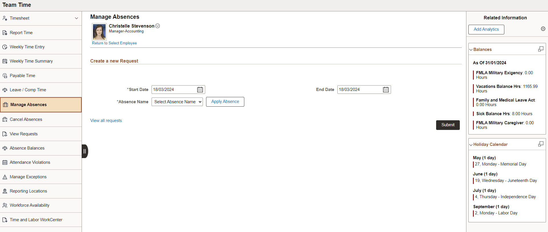 Manage Absences Page for a manager in screen reader mode