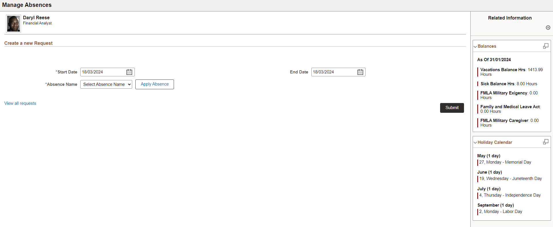 Manage Absences page in screen reader mode