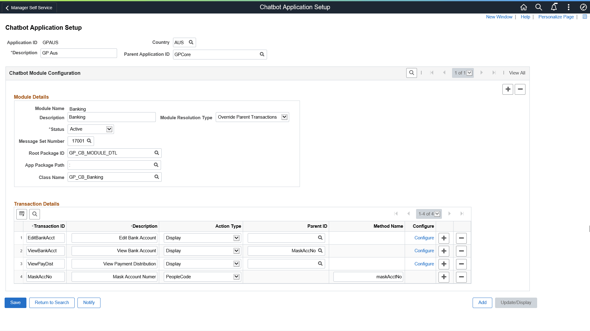 Chat Application Setup AUS page.